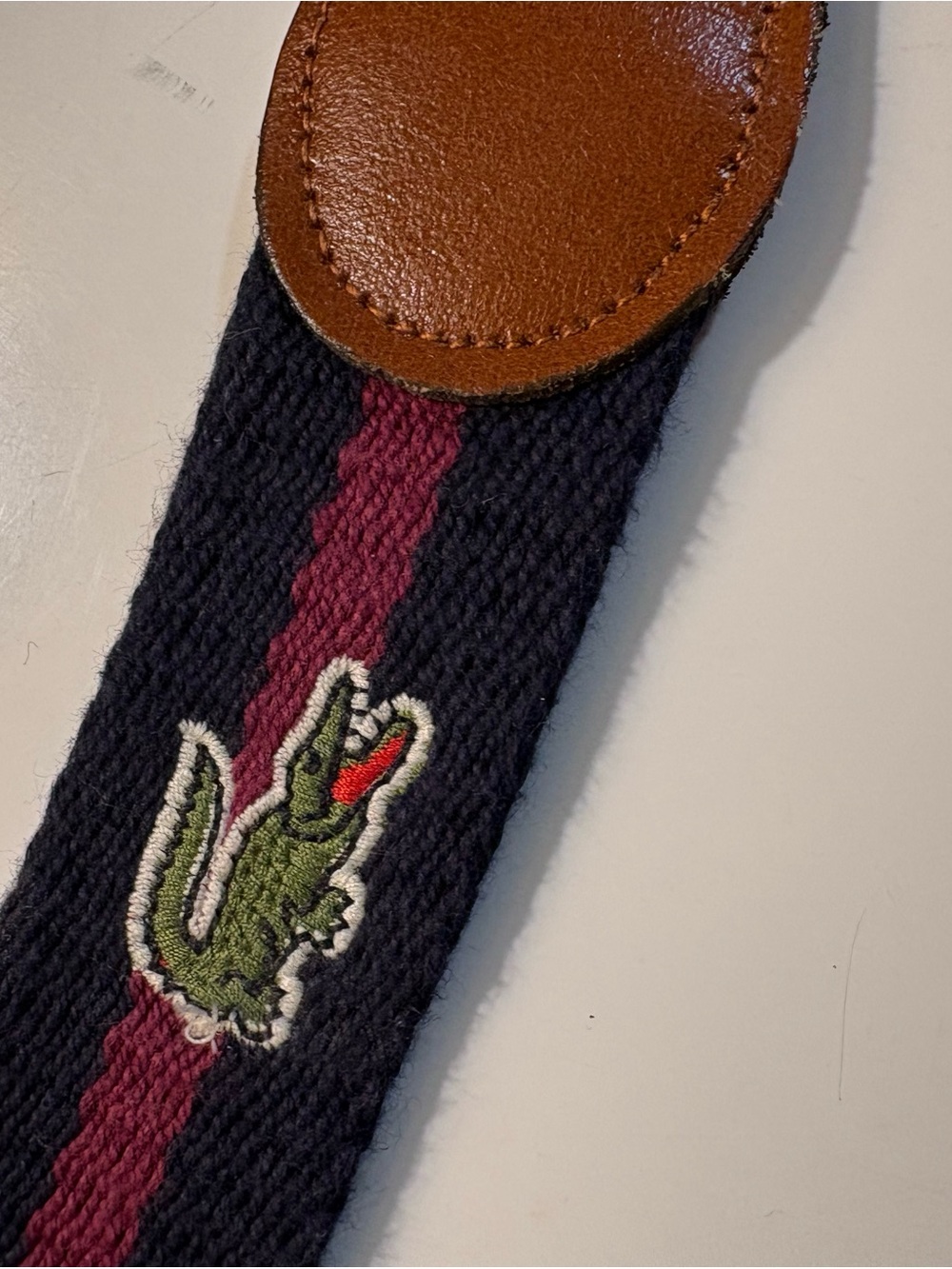 Vintage unisex Lacoste Izod Canvas Strap with Burgundy Center Stripe Belt